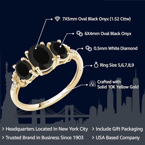 Gem Stone King 1.52 Cttw 10K Yellow Gold Oval Black Onyx and Diamond Accent 3-Stone Engagement Ring | 3 Stone Wedding Anniversary Promise Ring For Women | Size 5,6,7,8,92
