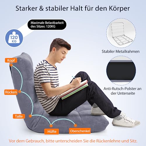 COSTWAY Bodenstuhl mit Verstellbarer Rückenlehne, Bodensessel gepolstert, Bodenkissen faltbar, Meditationsstuhl, Relaxsessel, Thaikissen für Freizeit, Meditation, Yoga (Grau)