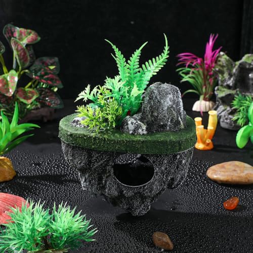 Image of Garneck 2Pcs Floating Island for Aquarium Decor: Resin Suspended Stone with Hideout Tunnel & Artificial Plants for Betta Guppy Shrimp Hermit Crabs Fish Tank Landscape Ornament