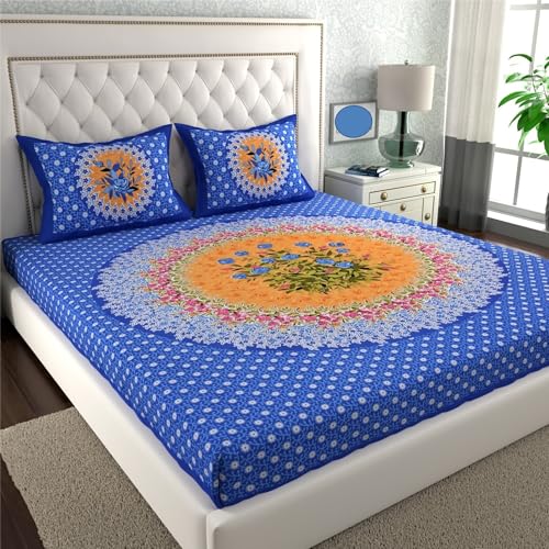 Image of KOUNDAL Rajasthani Jaipuri Sanganeri Print 144 TC 100% Pure Cotton BedSheet Set for Double Bed King Size, Flower Pattern, Double Bedsheet Cotton with 2 Pillow Covers