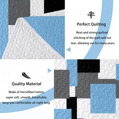 Image of Tyrot 3 Piece Light Blue Quilt King Size Blue White Bedding Set