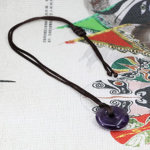 Keleny Natural Dark Purple Amethyst Crystal Gemstones 30Mm Circle Coin Peace Donut Pendant Adjustable Braided Brown Rope Necklaces #TOP4