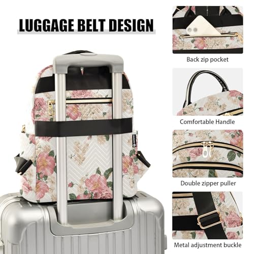 Image of Women Fashion Backpack Purse Roses Vintage Floral Rucksack, M | Casual Lightweight Quilted Daypack Ladies Bag for College Travel Work