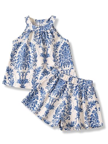 Klyatpxoen 4T 5T Girls Clothes Summer Floral Halter Neck Sleeveless Top and Short Pants 2 Piece Toddler Girl Outfit Set Blue Size 4-5