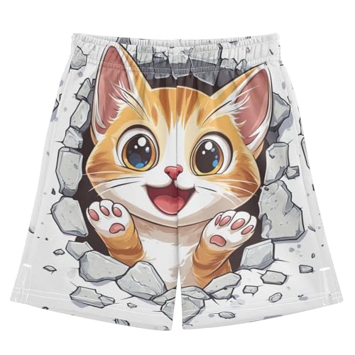 DOMIKING White Cute Cats Kids Shorts Pull-on Boys Shorts with Elastic Waist Casual Athletic Pants for Playwear Summer Outdoor