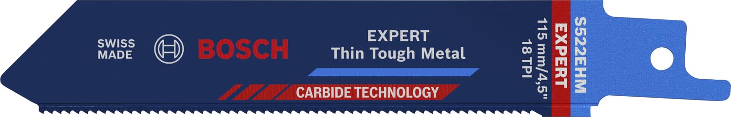 Bosch Professional 1x Hoja de sierra sable Expert `Thin Tough Metal` S 522 EHM (para Láminas de acero inoxidable, Longitud 115 mm, accesorios Sierra sable)
