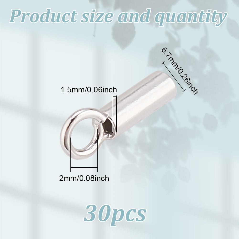 30 Pcs 925 Sterling Silver End Caps Barrel with Loop, Platinum Cord End Cap Glue in End Caps Tube Barrel Loop Clasp for Beading Cord Wire Thread Jewelry Making