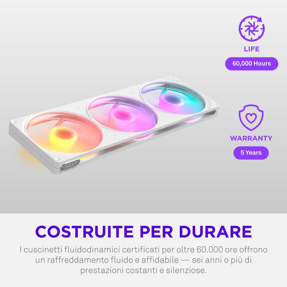 NZXT F420 RGB - Ventola RGB PWM Monoscocca 420mm - Bianco | Unità monoscocca 420mm con tre ventole RGB PWM 140mm. RGB vivace e cuscinetti fluidodinamici per raffreddamento silenzioso.