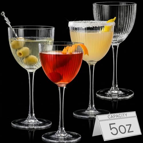 Physkoa Nick and Nora Cocktail Glasses Set of 4 &ndash; 5 oz Hand Blown 100% Lead-Free Crystal Ribbed...