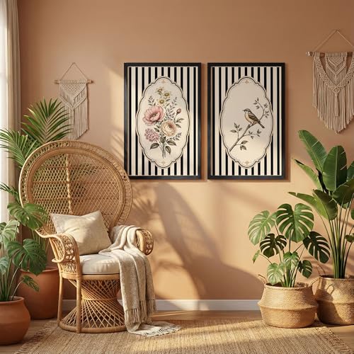 Image of NoWorries Vintage Floral & Bird Wall Art Set of 2 Framed Prints for Living Room Bedroom Office | Black Stripe Botanical Wall Decor with Wooden Frame (Art-10, 10x13inch)