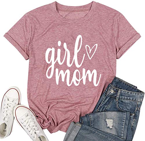 Image of Girl Mom Shirt for Women Cute Graphic Tee Shirt Casual Short Sleeve Mama T Shirt Tops Tee (Pink1, Medium)