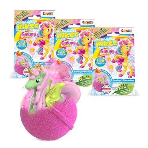 INKEE Surprise Pack de 3 Bombas De Baño con Sorpresa De Galupy Unicorn, Bomba de Baño para Niñas con figura 3D de Unicornio, Aroma a Caramelo
