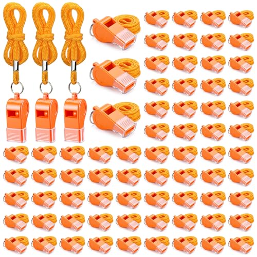 Honoson 72 Pcs Whistle for Adults with Lanyard and Mouthpiece Plastic Safety Emergency Whistle Survival Loud for Lifeguard Coaches Referees Hiking Outdoor Camping Accessories (Orange)