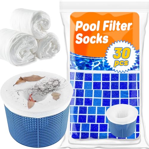 RAINFLOW 30 Pack Pool Skimmer Socks - Universal Ultra Fine Liners for Skimmer Basket, Traps Particles, Pollen, Leaves and Dog Hair, Protects Pump & Filter System, for Inground & Above Ground Pools