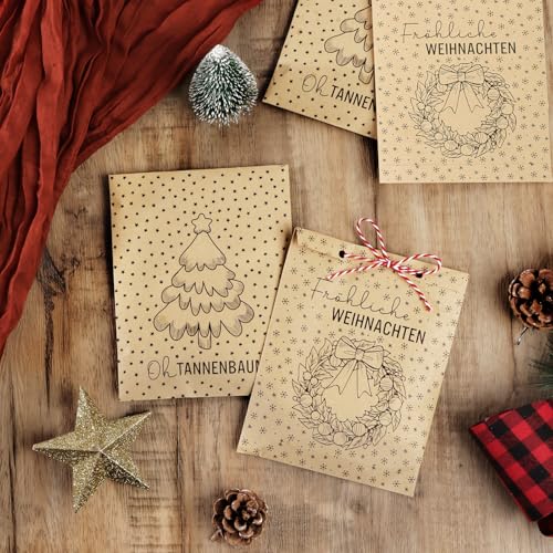 BETESSIN Papiertüten Weihnachten - 50 Stück 13x18cm Weihnachtstüten mit Weihnachtskranz Motiv - Adventskalender Tüten zum Befüllen mit Aufkleber - Geschenktüten Weihnachten
