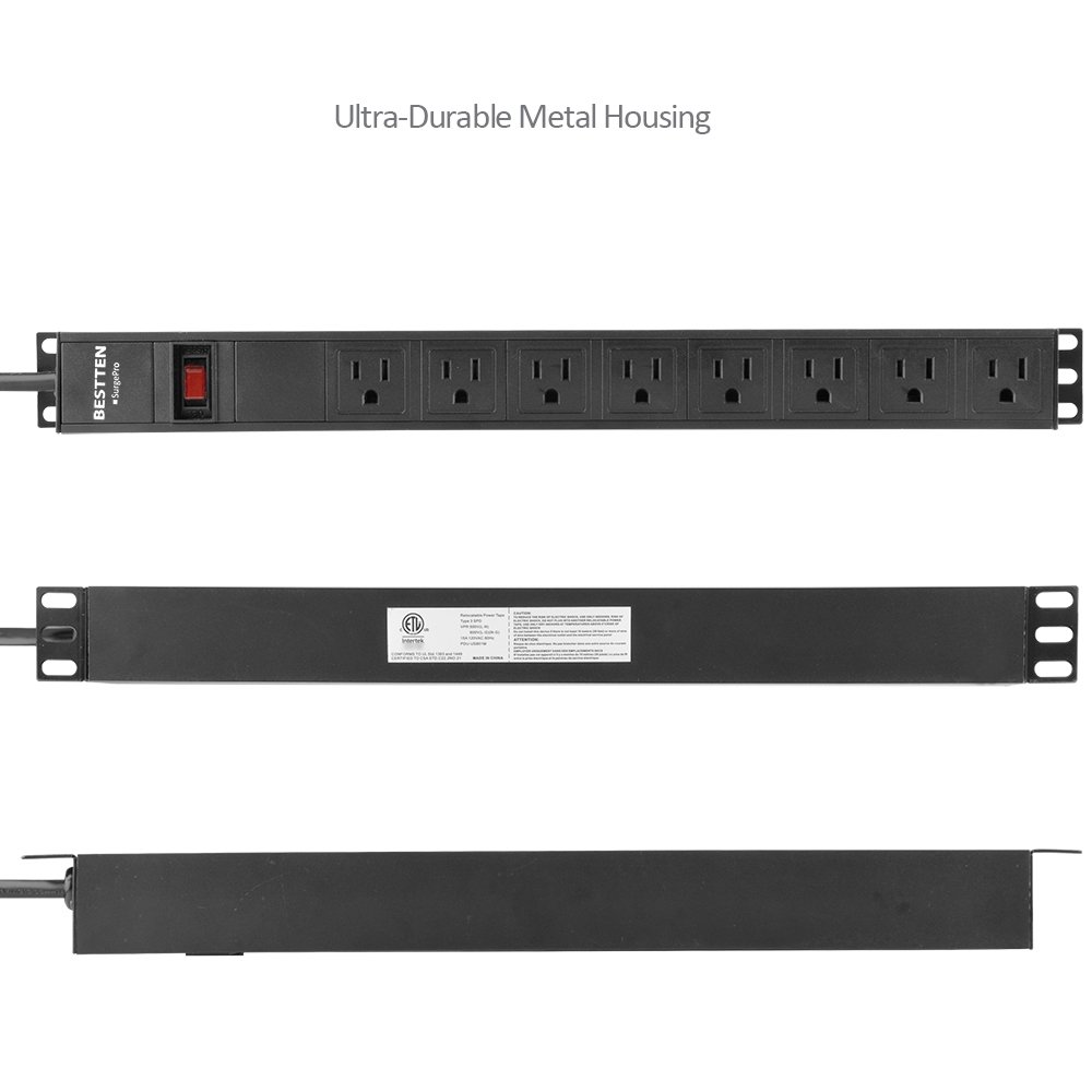 BESTTEN 1U PDU with 8 Outlets and 9FT Cord, Heavy Duty Metal Power