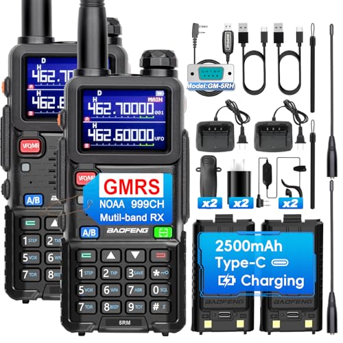 BAOFENG GMRS Handheld Radio, 5RM GMRS Long Range Two Way Radios, NOAA/FM/UHF/1.25M/VHF Receiver & Scanner, 999 CH, 2500mAh Type-C Battery, Frequency Match- 2 Pack Full kit