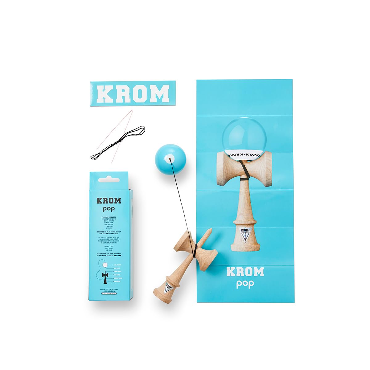 KROM - Kendama Pro Pop LOL Bleu Clair - Bilboquet Japonais - Jouet en Bois pour Adulte et Enfant - Pack : Ficelle de Rechange + Stickers offerts
