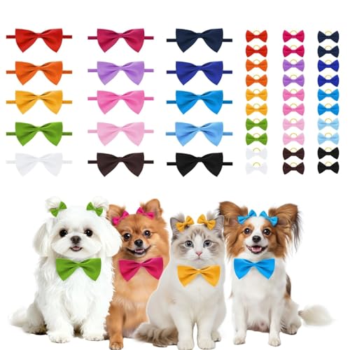 Fengek Adjustable Pet Bows Set - 15 Dog & Cat Neckties Bow Ties Collars with 30 Dog Mini Hair Bows with Rubber Bands, 15 Colors