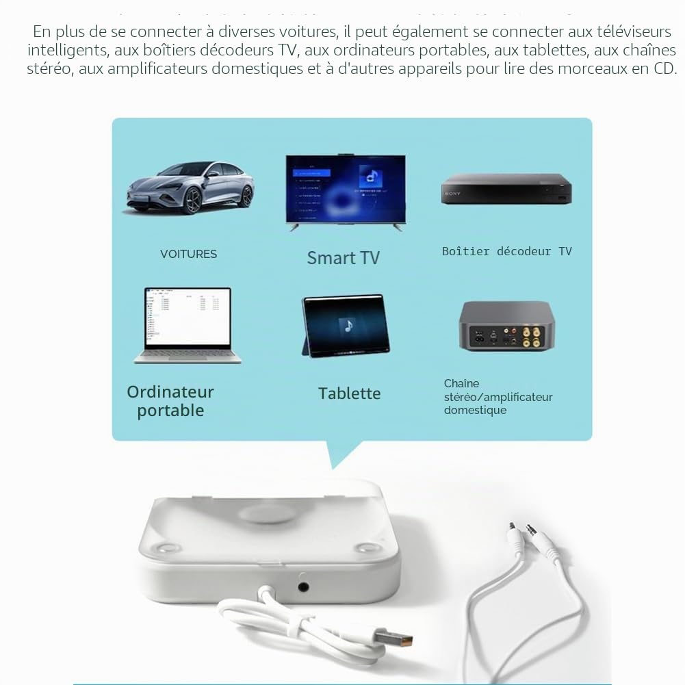 Lecteur CD de voiture, USB, portable, lecteur CD externe, connexion AUX, système de divertissement pour ordinateur de maison et de télévision, avec plusieurs ports de connexion, pour système