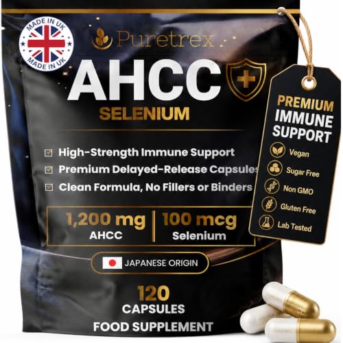 Puretrex AHCC Selenium Immune Support Capsules 1200mg Japanese Origin AHCC with 100mcg Selenium UK Made Daily Immune Defence Formula Vegan Capsules Clean No Fillers or Binders 120 Capsules