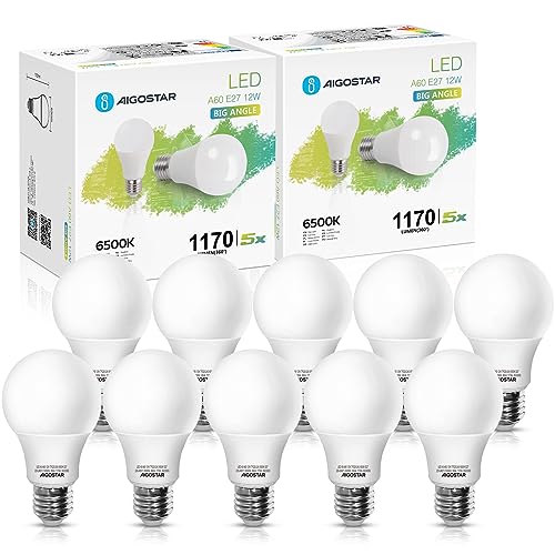 Aigostar Bombilla Led E27 Blanco Frio 6500K, 12W Equivalente a 81W, 1170 Lúmenes, Bombillas Led A60, Ángulo 280º, Ahorro de energía, No regulable   10 unidades