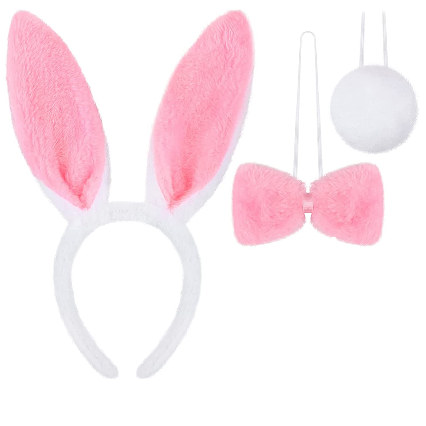 Hystyfu Bunny Ears Headband Bunny Costume Set 3 Pcs Rabbit Ears with Plush Rabbit Tail Bunny Bow Tie Bunny Costume Decorations for Easter Halloween Cosplay Party Favor