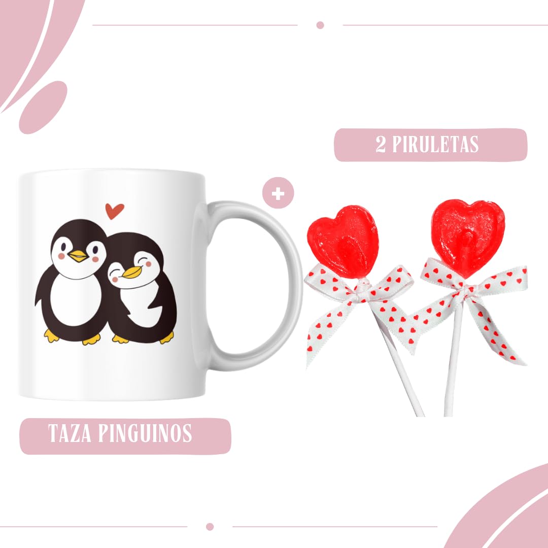 Pack de Peluche Romántico - Taza Pinguinos y más – Regalo Original para Aniversario y San Valentín – Pack Regalo para Novia Ideal para Parejas - Incluye Peluche, Taza, Piruletas y Rosa Eterna