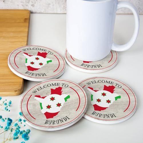 Welocme to Burundi Lot de 4 sous-verres ronds en céramique absorbants pour décoration de cuisine, table basse