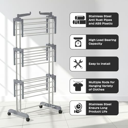Image of ZOLMIX 3 Tier Stainless Steel Foldable Clothes Drying Stand Compact | Portable Cloth Dryer for Balcony /Indoor /Space Saving Cloth Hanger Stand with 24 Rods /Big Foldable Rack with Wheels (Grey)