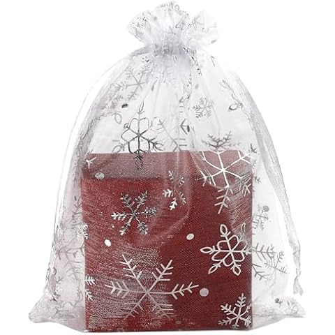 SUNGULF 100pcs Snowflake Organza Pouch Bag Drawstring Strong Christmas Gift Candy Jewelry Party Wedding Favor Bags (White Silver Snowflake, 5x7 Inch) Cover
