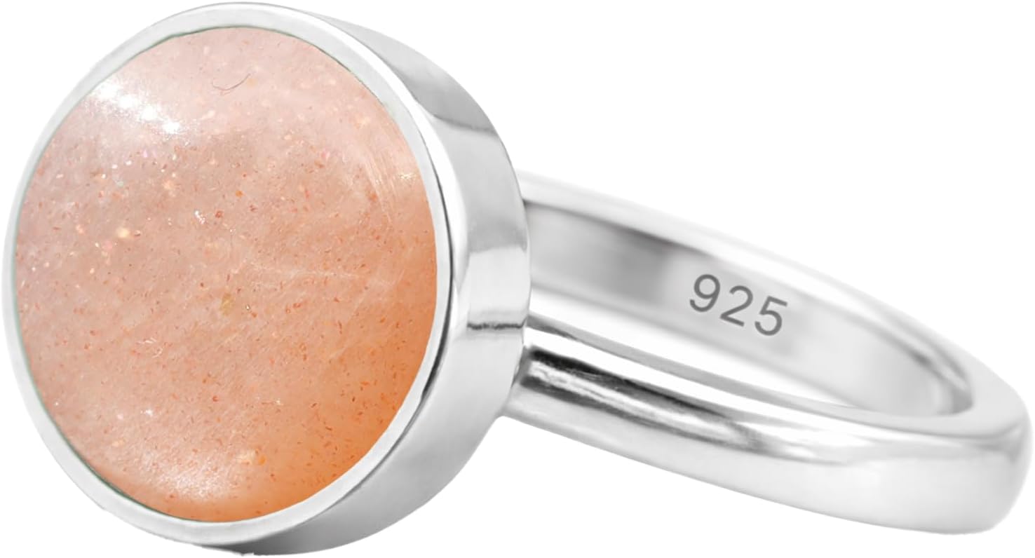 925 Sterling Silver Natural Round Gemstone Ring for Women | Rhodium Plated Bezel Set Crystal Jewelry | Handmade Minimalist Statement Ring | Chakra Inspired Gift for Wife Mother Girlfriend