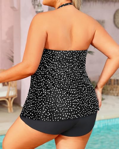 Image of Plus Size Bandeau Tankini 2 Piece Halter Swimsuit with Shorts | Flyaway,Quick Dry,Strapless,Removable Cups,High Waisted Short
