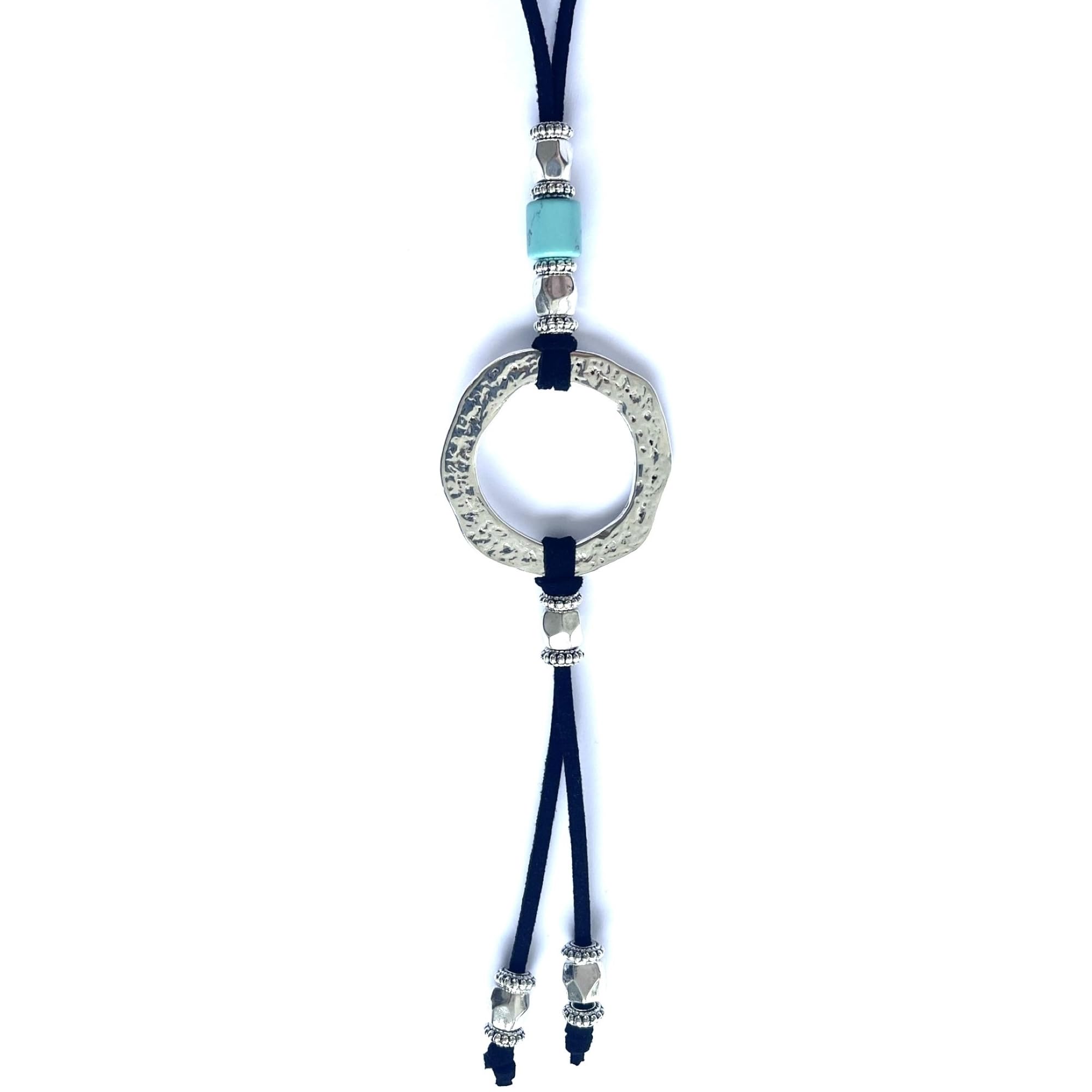 ASTER ALHELÍ Colgante Mujer Círculo y Turquesa Plata - Collar Largo de Antelina Negra con Altura Ajustable y Abalorios de Zamak Bañado en Plata - Ideal para Regalo