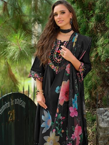 Image of INDO ERA Women's A-Line Cotton Blend Floral Embroidered Kurta & Pant With Dupatta Set (IEOUT11375)