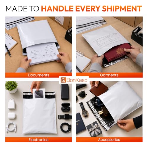Image of BonKaso 10x14 Inch Poly Courier Bags with POD | 55 Mic Tamper-Proof Self-Seal Plastic Packaging Envelopes for Shipping, E-Commerce & Delivery - Secure Mailers (Pack of 200)