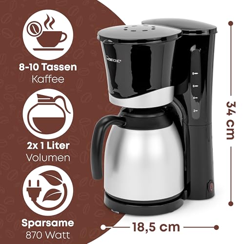 Clatronic® Kaffeemaschine mit Thermokanne | inkl. 2 Thermokannen je 1 Liter | Kaffeeautomat für 8-10 Tassen Filterkaffee | Tropfstopp & Auto-Abschaltung | Filtereinsatz herausnehmbar | KA 3328 schwarz – Bild 6