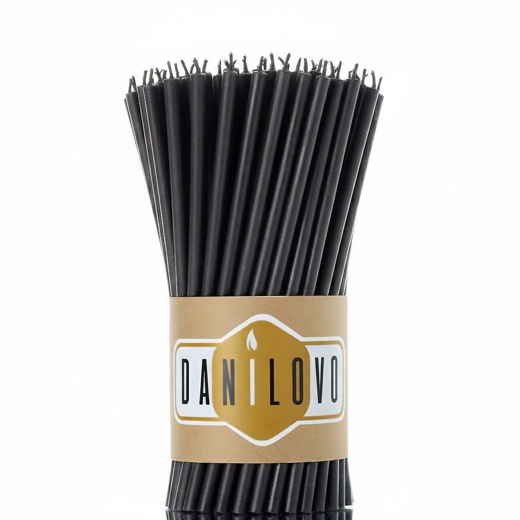 Danilovo Pure Beeswax Candles - No-Drip, Smoke-Less, Tall, Thin Taper Candles – Decorative Candles for Church Prayer, Decor or Birthday Candles – Honey Scented Candles – 6.4”x0.22” (Black, 50pcs)
