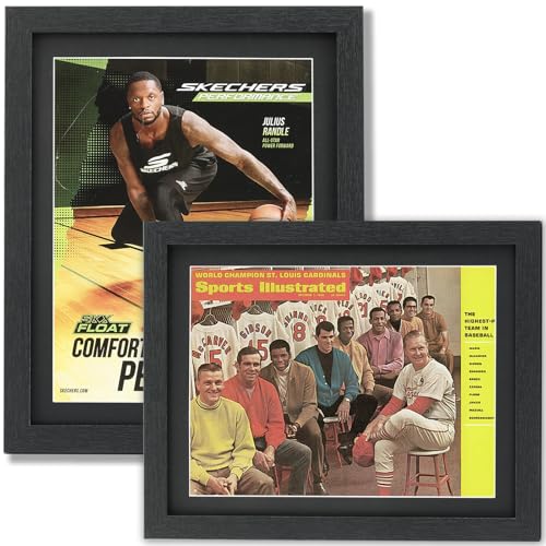 Image of JupDec Sports Magazine Frame 2 Pack, Premium Wood Display Case for 8 inch x 10.5 inch Magazines, Wall Mount or Tabletop Stand, Layered Design with Positioning Mat, Perfect for Sports, Fashion & Home Decor