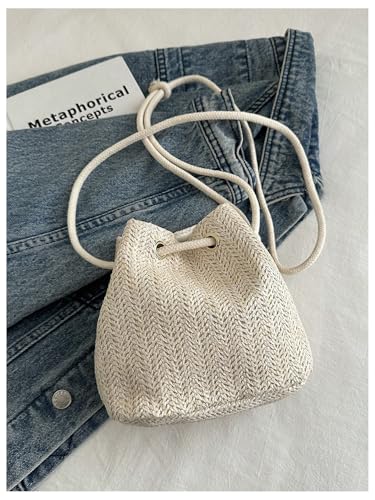 Women's 3D Cherry Drawstring Crossbody Bags Small Cute Travel Bucket Straw Bag2