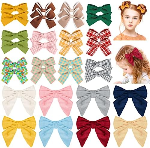 32PCS Hair Bows,Baby Girl Hair Bows Clips Cotton Linen Bows Assorted Fully Lined Toddler Hair Barrettes Accessories for Little Girls Kids Teens(2SIZE,20 COLORS)
