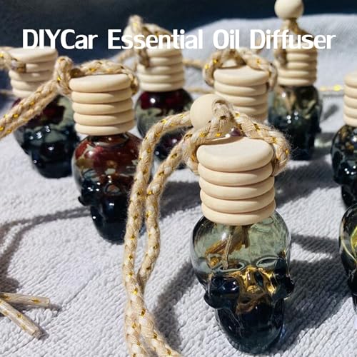 Image of 7 Pcs 8ml Hanging Car Air Freshener Diffuser,Empty Black Gradient Glass Essential Diffuser Oil Aromatherapy Fragrance Perfume Pendant Glass Vials with Wooden Caps (Skull, 8ml)
