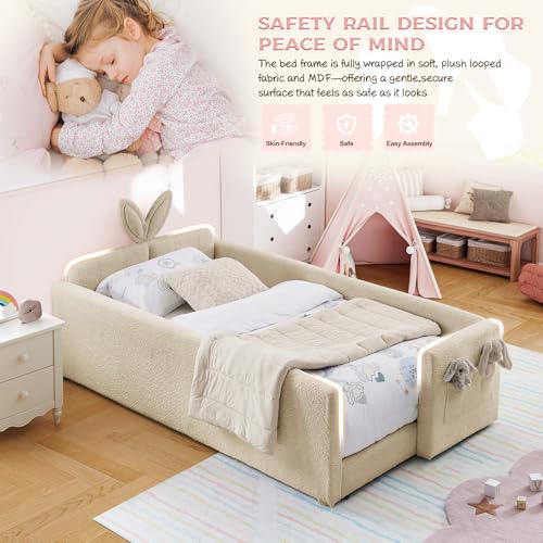Image of Twin Size Bed Frame for Kids, Upholstered Daybed Frame Floor Bed with Safety Rails and Storage Pocket Cute Rabbit Ear Shaped Headboard for Kids Teens Boys Girls, Camel