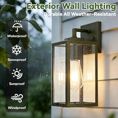 Image of Outdoor Wall Light Fixtures, Waterproof Wall Lantern with Tempered Glass, Hardwired Exterior Wall Sconce in Dark Olive, 12 in Outdoor Porch Light for House Front Door, Patio, Garage, 2-Pack