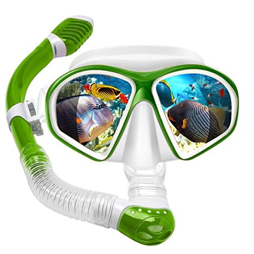 Powsure Kids Snorkel Set, Dry Top Snorkel with Swim Mask, Anti-Leak Snorkeling Package of Anti-Fog Tempered Glass Diving Goggles for Children, Boys, Girls,Youth,Junior Child (Green)