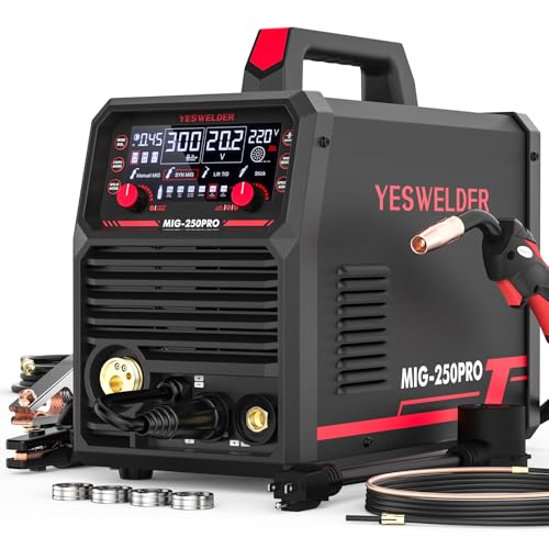 YESWELDER 250A MIG Welder, 110V/220V Dual Voltage, MIG/Pulsed MIG/Flux Core/Spool Gun MIG/Lift TIG/Stick 6-In-1 Multiprocess Advanced Digital Display Aluminum Welding Machine