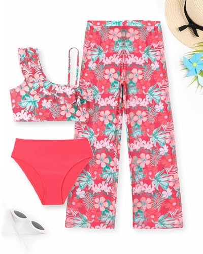 Image of Girls 3 Piece Bikini Sets Kids Swimsuit Rash Guard Pants Bathing Suit Girl Swimwear Sets for Summer Quick Dry