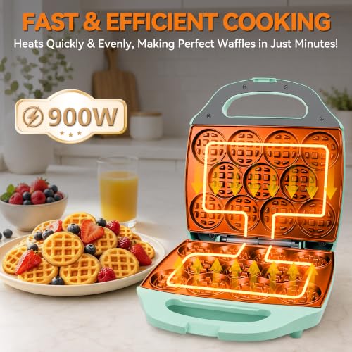 Image of Baker's Friend, Bite-size Mini Waffle Maker for Kids & Adults, Small Waffle Maker Mini Belgian Waffle Machine, 11 X 2.2 inch Tiny Nonstick Waffles Iron, Recipe Included, Aqua