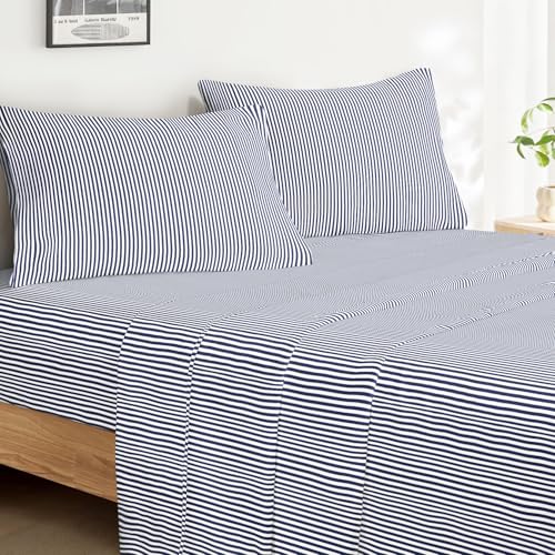 Image of Wake In Cloud - Striped Bed Sheets, 4-Piece Sheet Set, Ticking Vertical Pin Stripe Modern Farmhouse Pattern Printed Bedding, Deep Pocket, Navy Blue White, Queen Size