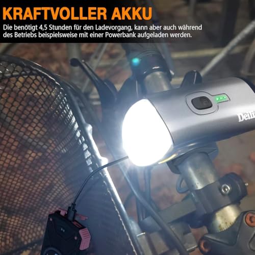 Deilin Fahrradlicht Set, bis zu 70 Lux LED Fahrradbeleuchtung USB Aufladbar Fahrradlampe, IPX5 Wasserdicht Fahrradlichter Vorne Rücklicht Fahrrad Licht Fahrradleuchtenset Fahrradlampe (Silber)